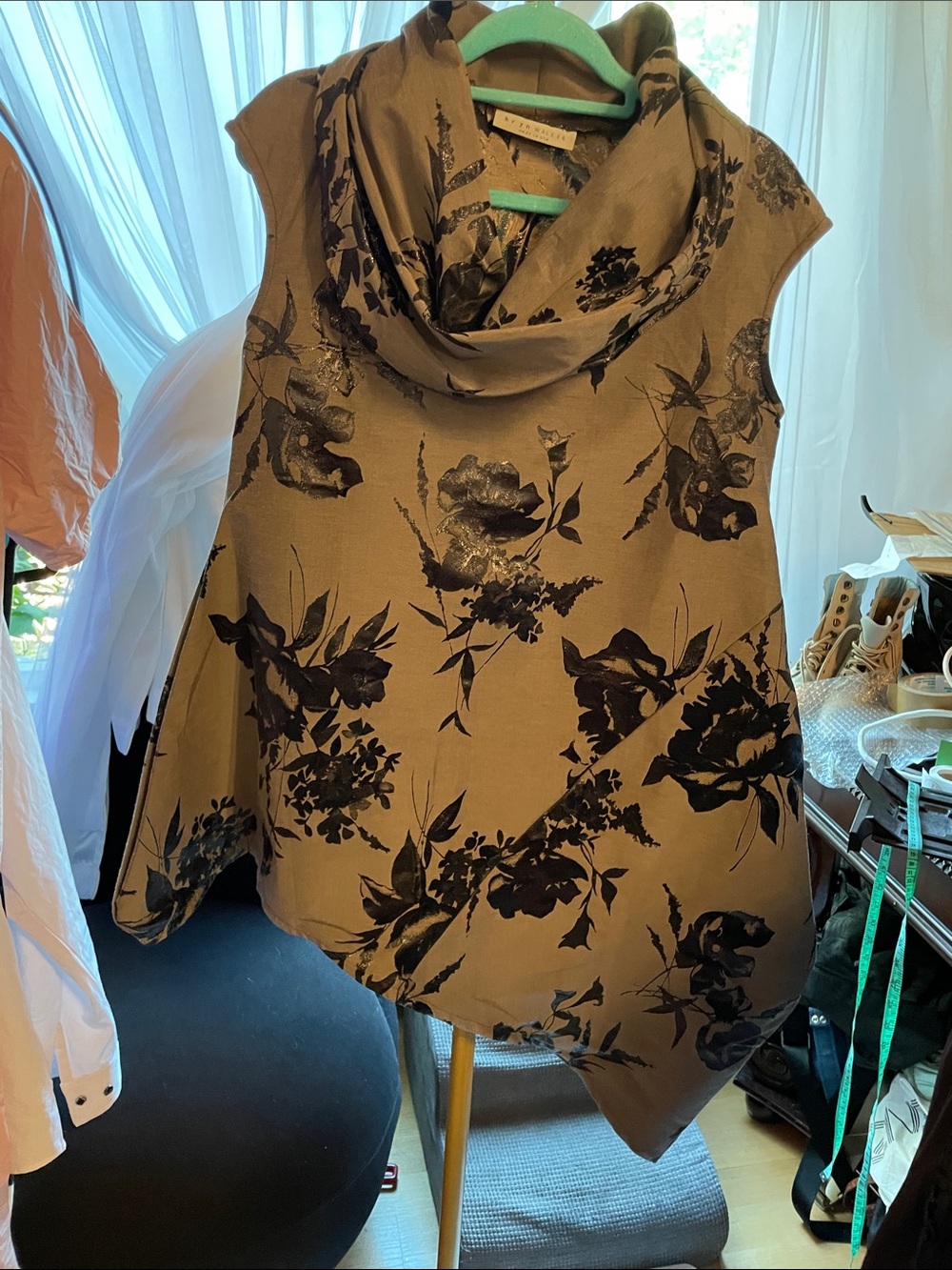 bryn Walker Sleeveless Cowl Neck Floral Tunic in Brown and Black